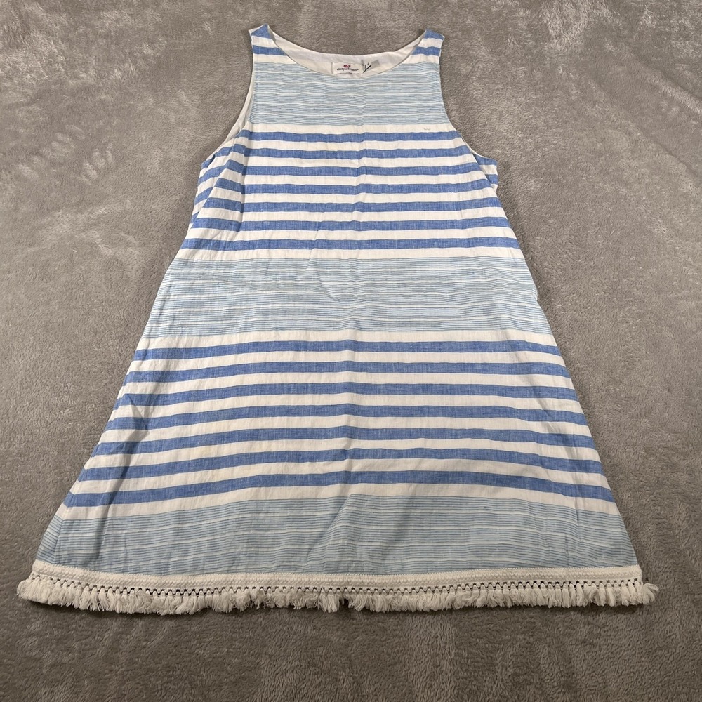 Vineyard Vines Dress Womens 12 Blue White Stripe Shift Linen Blend Summer